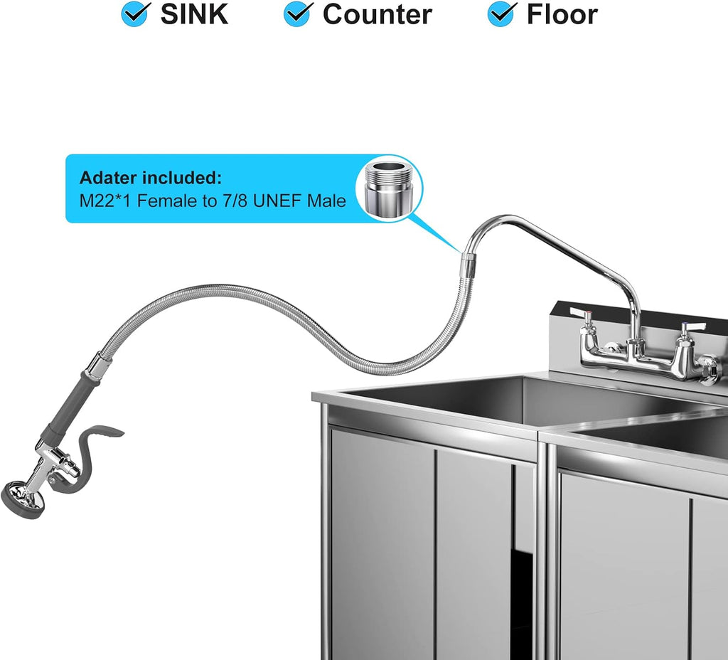 CWM Commercial Sink Sprayer with 45” Flexble Stainless Steel Hose, 1.42 GPM Pre Rinse Spray Valve with Ergonomic Handle, Commercial Sink Faucet Parts,Dishwasher Sprayer for Restaurants (Gray)