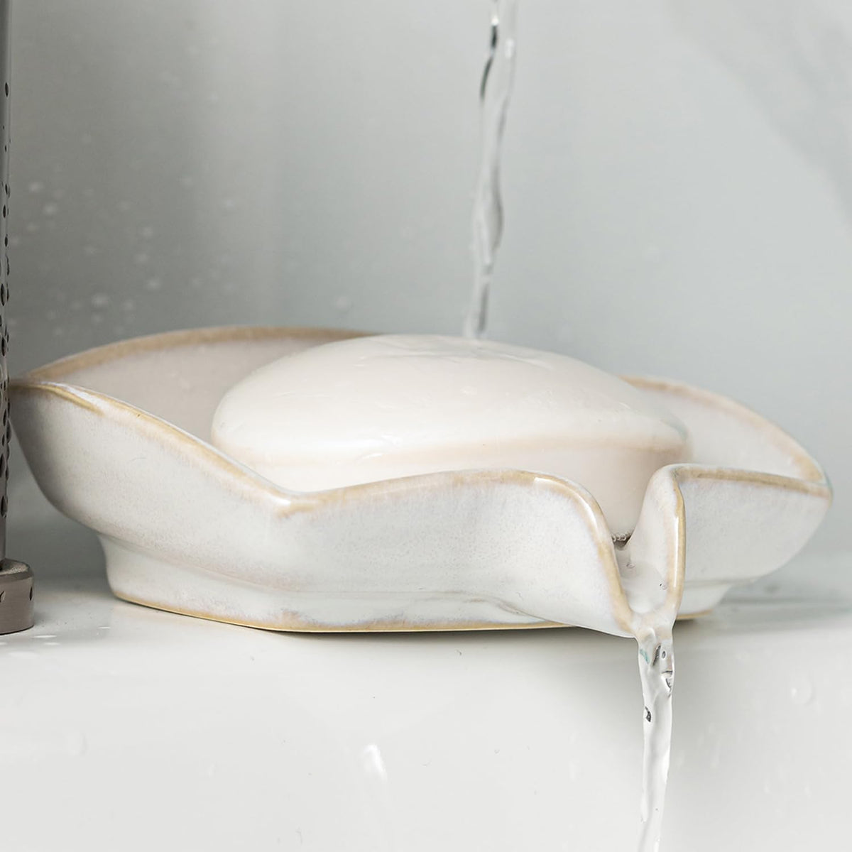 Zoeeker Self Draining Soap Dish, Ceramic Soap Holder with Waterfall Design