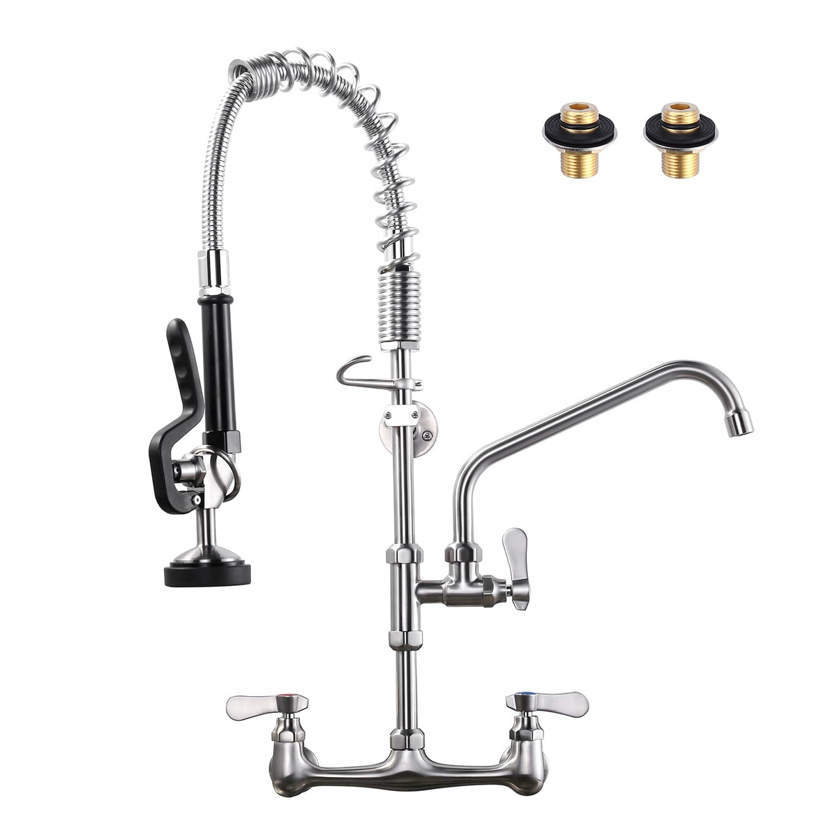 Commercial Kitchen Faucet Wall Mount with Pre-Rinse Sprayer 8 Inch Center Wall Mount Kitchen Sink Faucet with 9.6" Add-on Swing Spout 25" Height Faucet with Pull Down Spray
