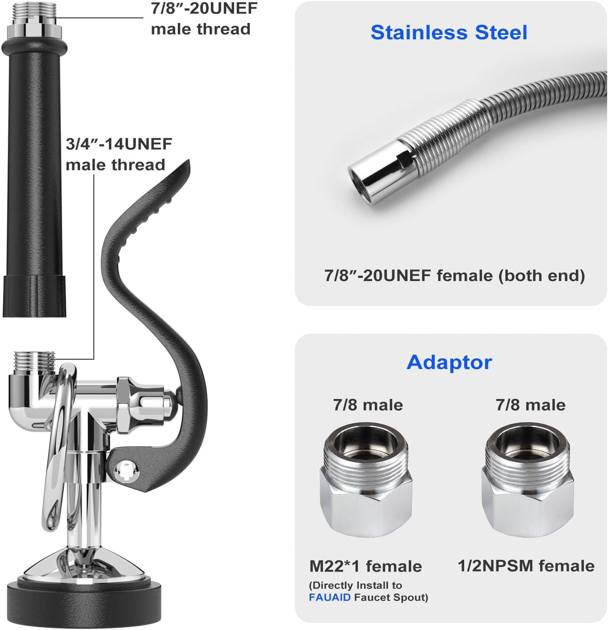 Pre Rinse Sprayer Commercial with 45” Stainless Steel Hose, 1.42 GPM Commercial Sink Sprayer, High-Pressure Dish Spray for Restaurant Use, Sink Spray Nozzle with Adapters (Black)