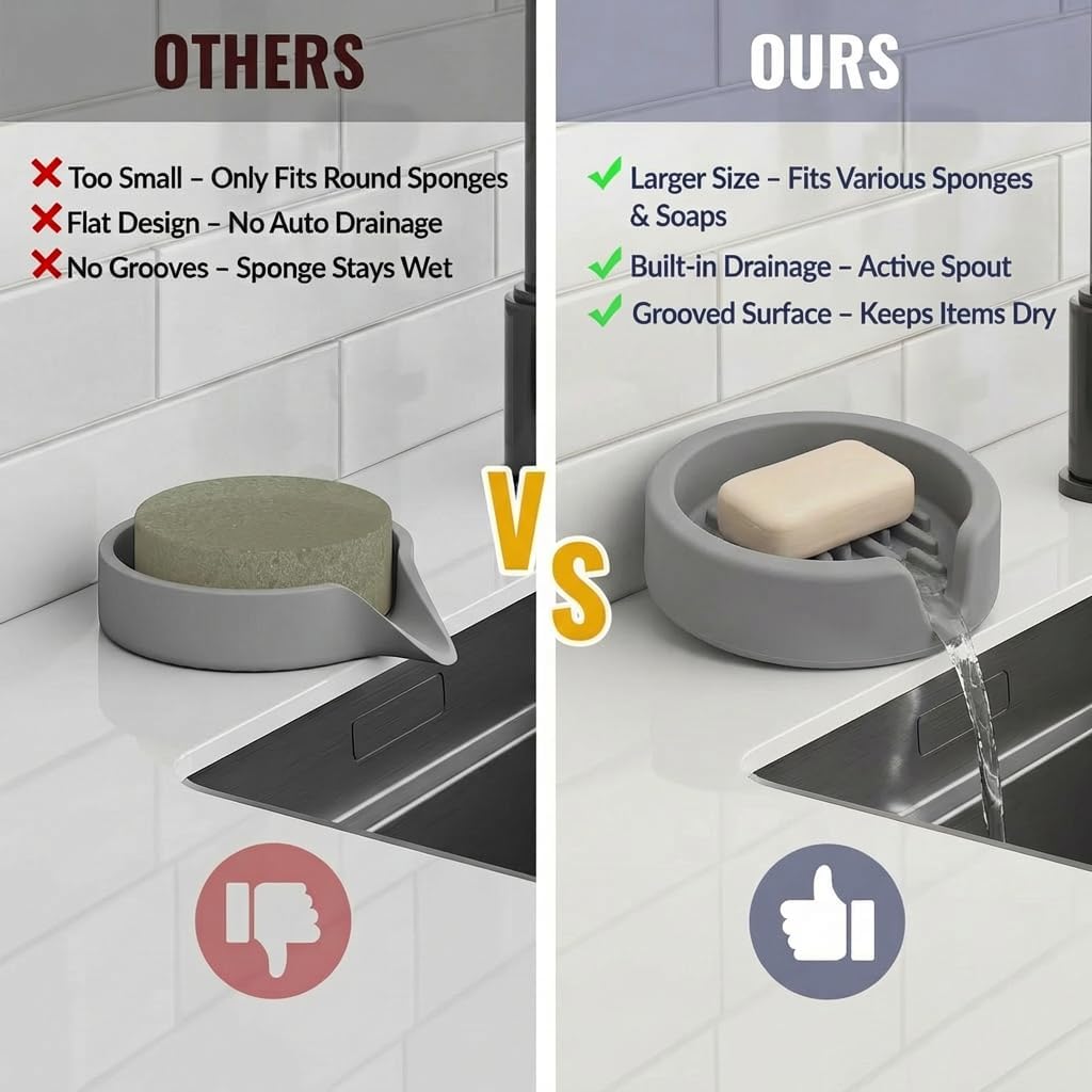 Silicone Sponge Holder Compatible with Scrub Daddy, Self Draining Sink Organizer with Suction Cups, Kitchen Soap Dish & Sponge Holder, Dishwasher Safe,With small brushes, Grey