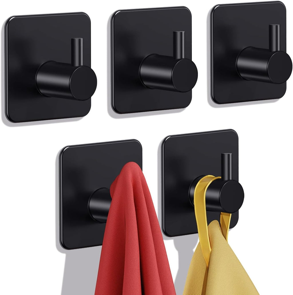 Auxmir Heavy Duty Adhesive Hooks, 5 Pack Stainless Steel Hooks 22 lb, Black