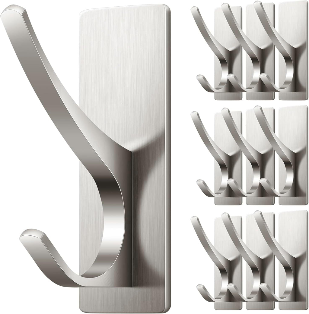 10 Pack Self Adhesive Towel Hooks: Extra Strong 13LB, Stainless Hook for Hanging Loofah, Towels, Coat, Bath Robe Bathroom Shower, Brushed Nickel