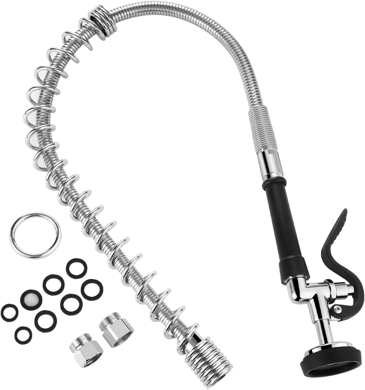 HWM Commercial Sink Sprayer Valve with 38” Flexible Stainless Steel Pre Rinse Hose & Overhead Spring Replacement Kit for Commercial Kitchen Sink Faucets