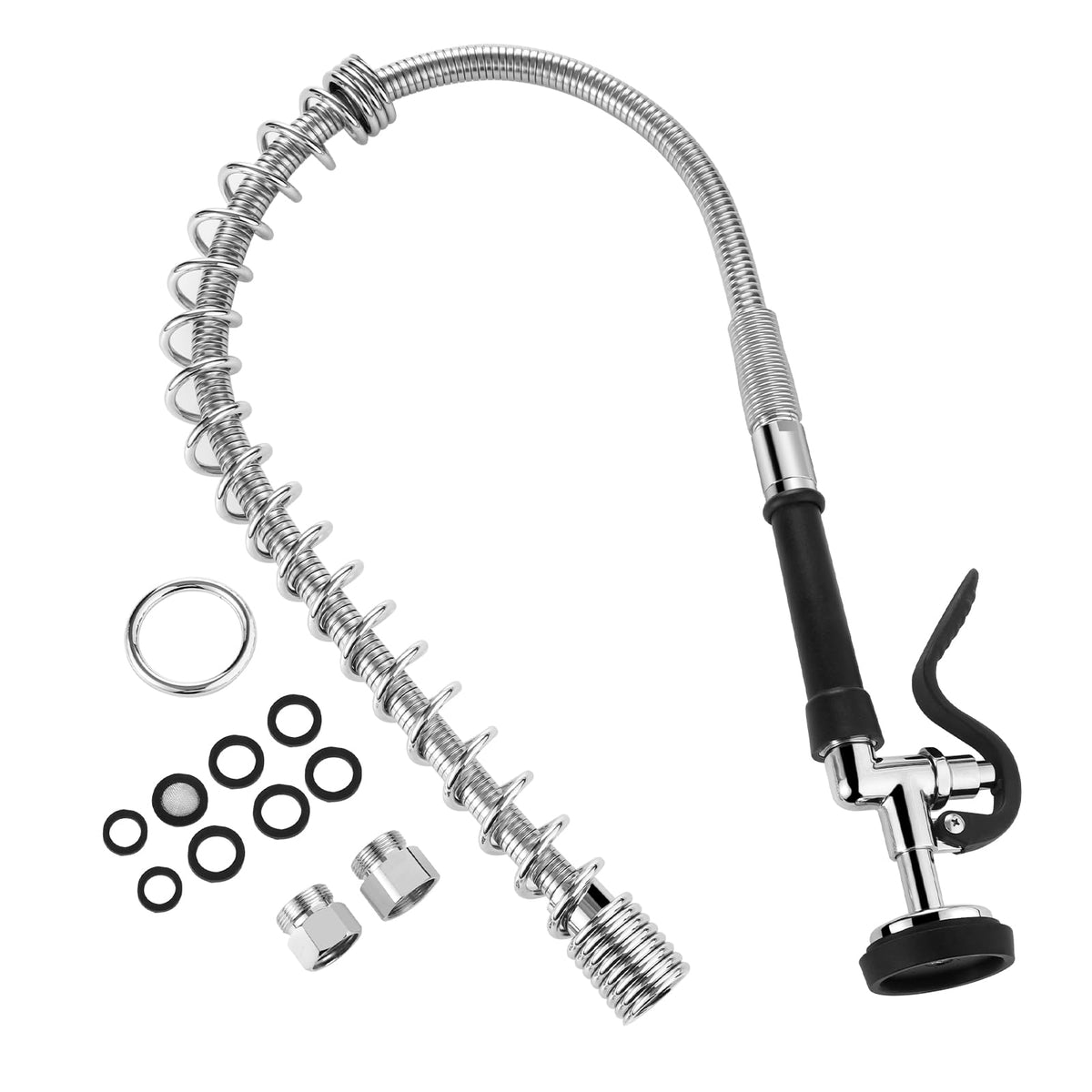 HWM Commercial Sink Sprayer with 45” Flexible Stainless Steel Pre Rinse Hose & Overhead Spring Replacement Kit for Commercial Kitchen Sink Faucets