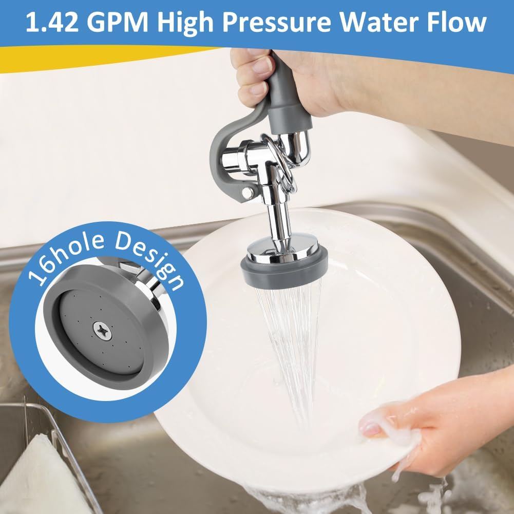 Pre Rinse Sprayer Valve, 1.42 GPM High Pressure Commercial Pre Rinse Spray Head Dish Sprayer Replacement Kit for Restaurant Industrial Faucets, Chrome Finished