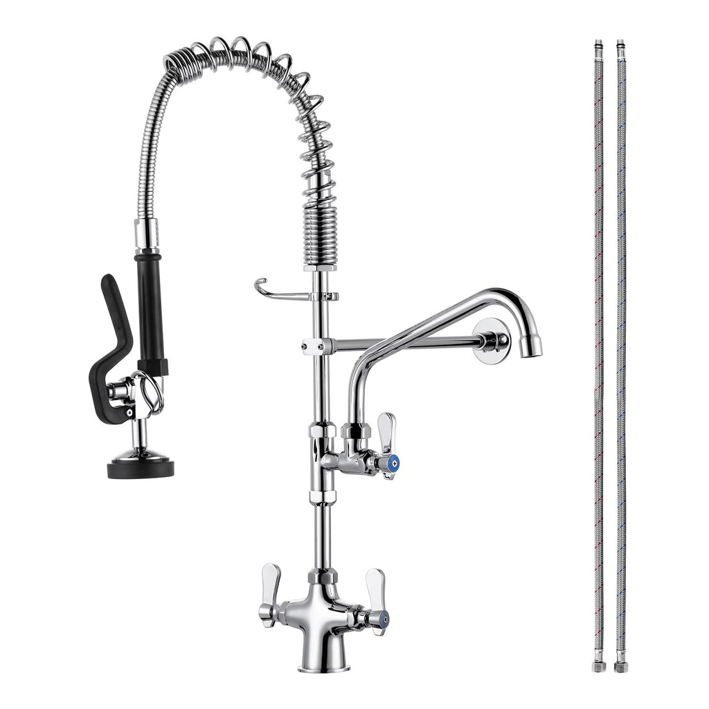 Commercial Kitchen Faucet Deck Mount with Pre-Rinse Sprayer 26" Height Kitchen Sink Faucet 8 Inch Center with 10" Add-on Swing Spout Faucet & Coiled Spring Pull Down Spray