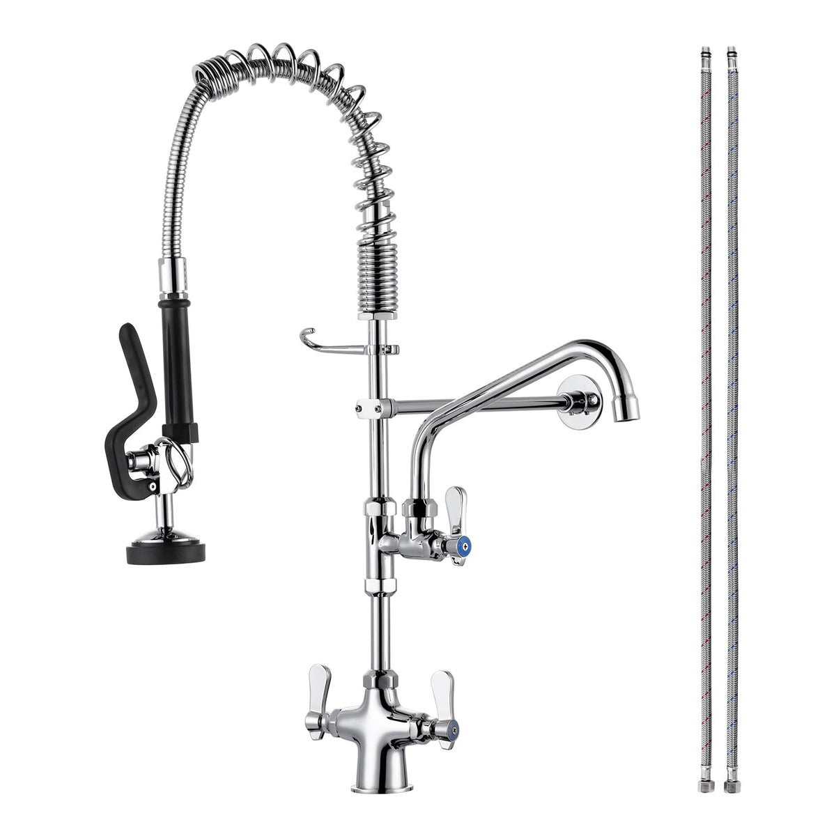 Commercial Kitchen Faucet Deck Mount with Pre-Rinse Sprayer 26" Height Kitchen Sink Faucet 8 Inch Center with 10" Add-on Swing Spout Faucet & Coiled Spring Pull Down Spray