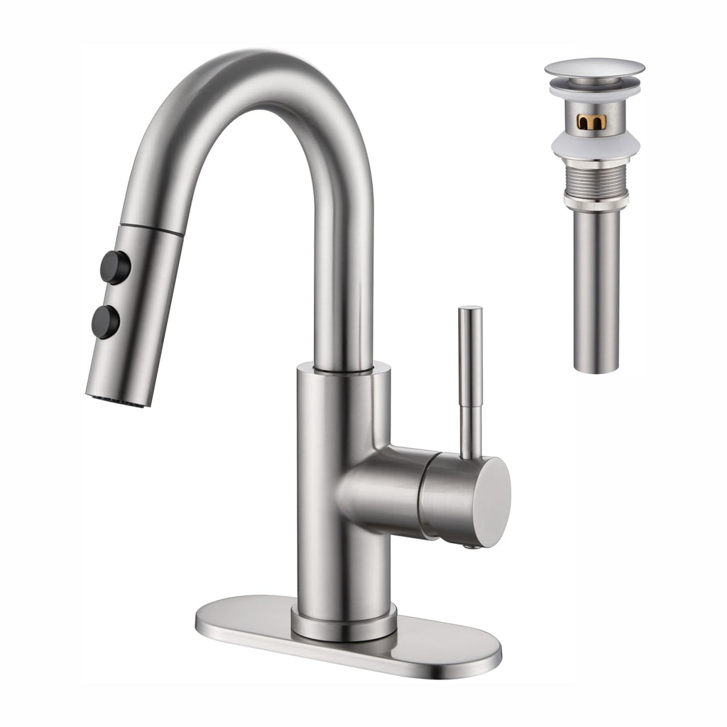 Bathroom Faucet with Sprayer, Brushed Gold Single Hole with Pop-Up Drain