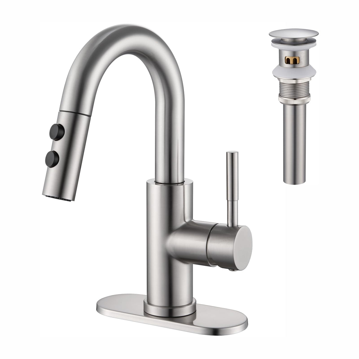 Bathroom Faucet with Sprayer, Brushed Gold Single Hole with Pop-Up Drain