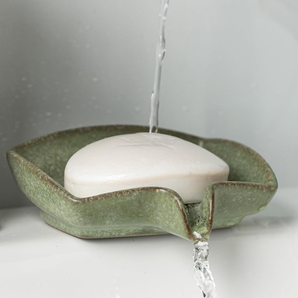 Zoeeker Self Draining Soap Dish, Ceramic Soap Holder with Waterfall Design