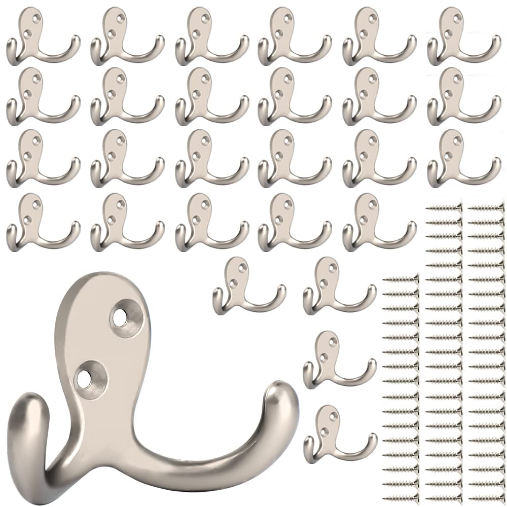 IBosins 10 Pack Silvery Double Prong Coat Hooks Wall Mounted with 20 Screws