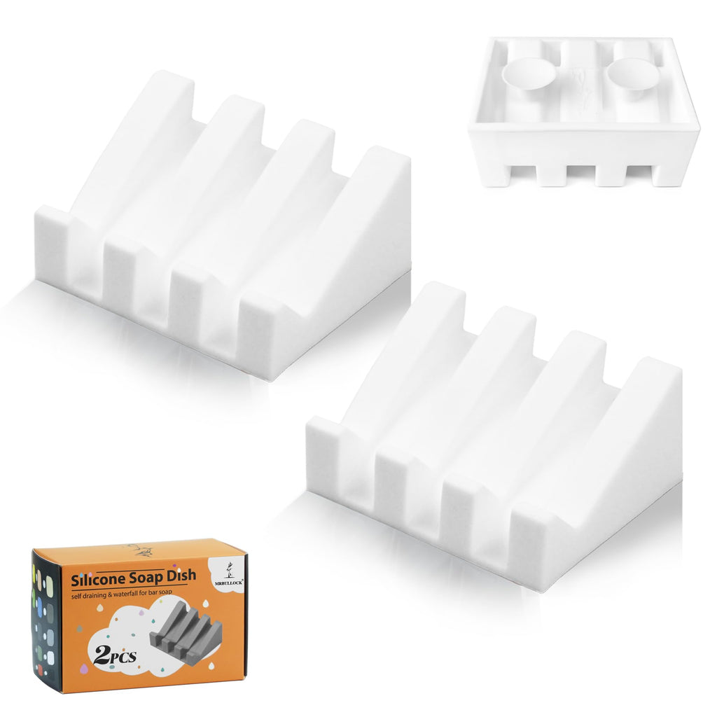 Silicone Soap Dish Self Draining with Suction Cups (White, 1 Pack)