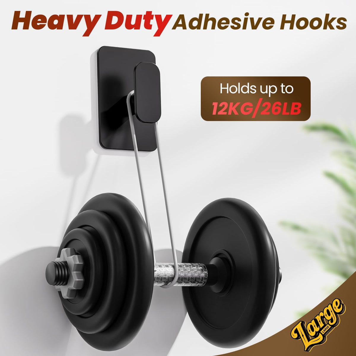 Large Heavy Duty Wall Hooks - 26lb Max, Stainless Steel Adhesive Towel Hooks for Hanging Towel, Coat, Robe, Hat, Sticky Towel Holder for Wall Mount in Bathroom, Shower, Kitchen (Black, 4 Pack)