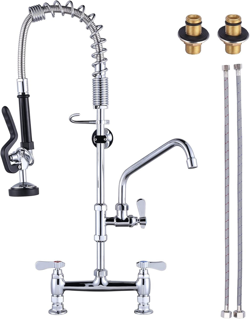 Commercial Kitchen Faucet Deck Mount with Pre-Rinse Sprayer 26" Height Kitchen Sink Faucet 8 Inch Center with 10" Add-on Swing Spout Faucet & Coiled Spring Pull Down Spray