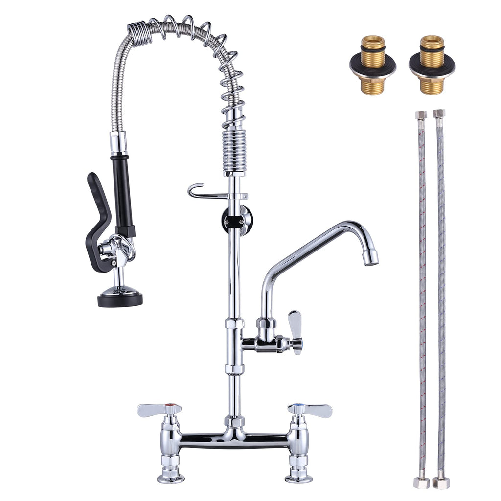 Commercial Kitchen Faucet Deck Mount with Pre-Rinse Sprayer 26" Height Kitchen Sink Faucet 8 Inch Center with 10" Add-on Swing Spout Faucet & Coiled Spring Pull Down Spray
