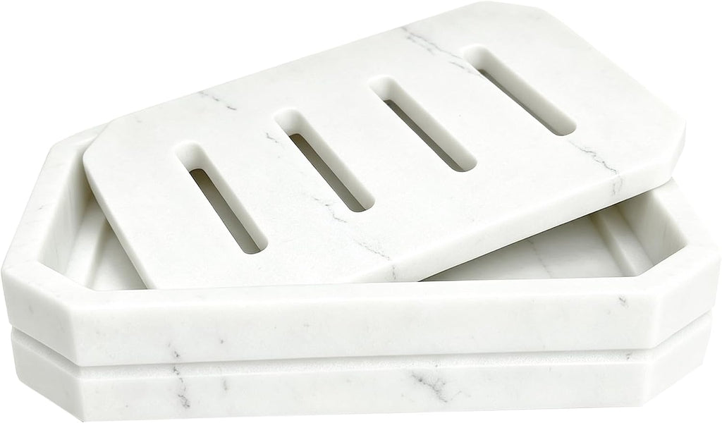 Drainable Soap Dish, Double Layer Resin Soap Holder with Marble-Look, Non-Slip Silicone Feet Soap Saver for Bathroom