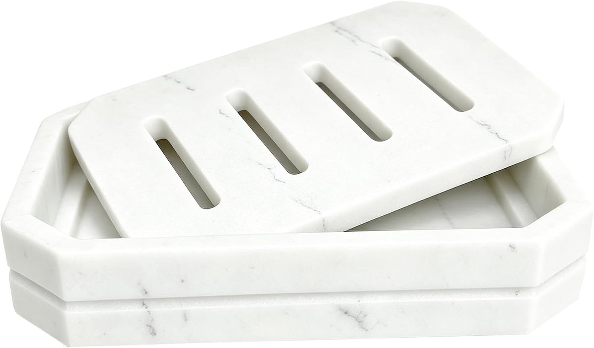 Drainable Soap Dish, Double Layer Resin Soap Holder with Marble-Look, Non-Slip Silicone Feet Soap Saver for Bathroom