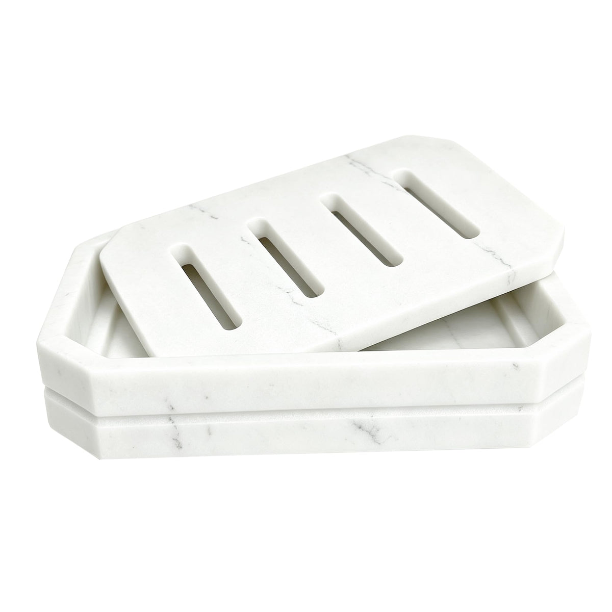 Drainable Soap Dish, Double Layer Resin Soap Holder with Marble-Look, Non-Slip Silicone Feet Soap Saver for Bathroom