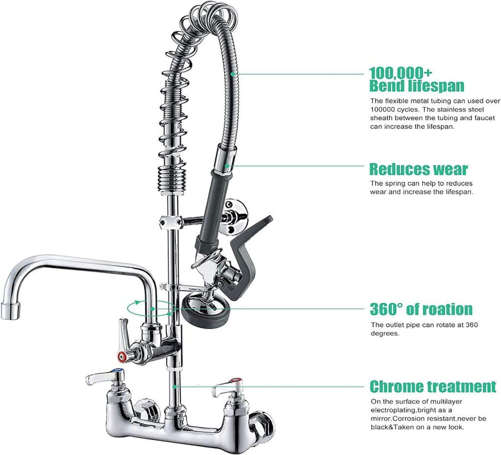 Commercial Wall Mount Kitchen Sink Faucet Brass Constructed Polished Chrome Pre-Rinse Device 25" Height 8" Center with Spring Pull Down Sprayer and 12" Add-on Spout (25 inches)