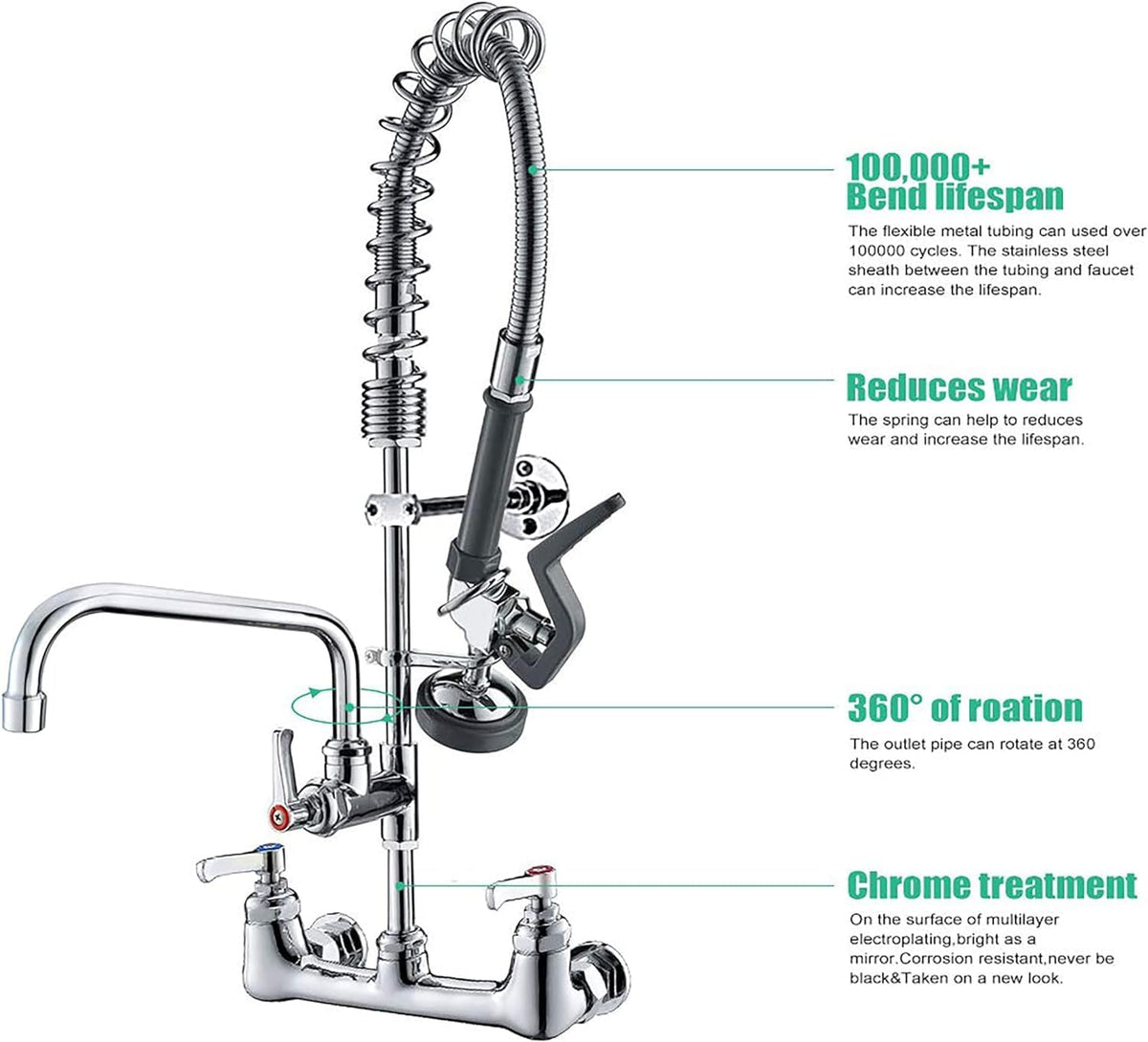 Commercial Wall Mount Kitchen Sink Faucet Brass Constructed Polished Chrome Pre-Rinse Device 25" Height 8" Center with Spring Pull Down Sprayer and 12" Add-on Spout (25 inches)