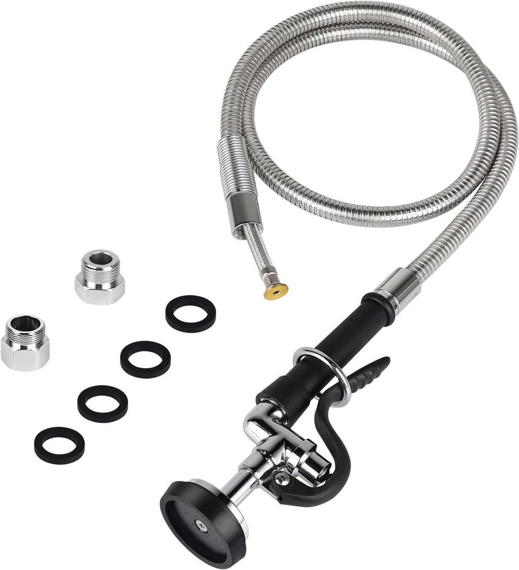 Pre-rinse Hose with Spray Valve, 45” Flexible Stainless Steel Hose with Black Pre Rinse Sprayer Head Assembly for Commercial Industrial Restaurant Kitchen Sink Faucet (3 Adapters Included)
