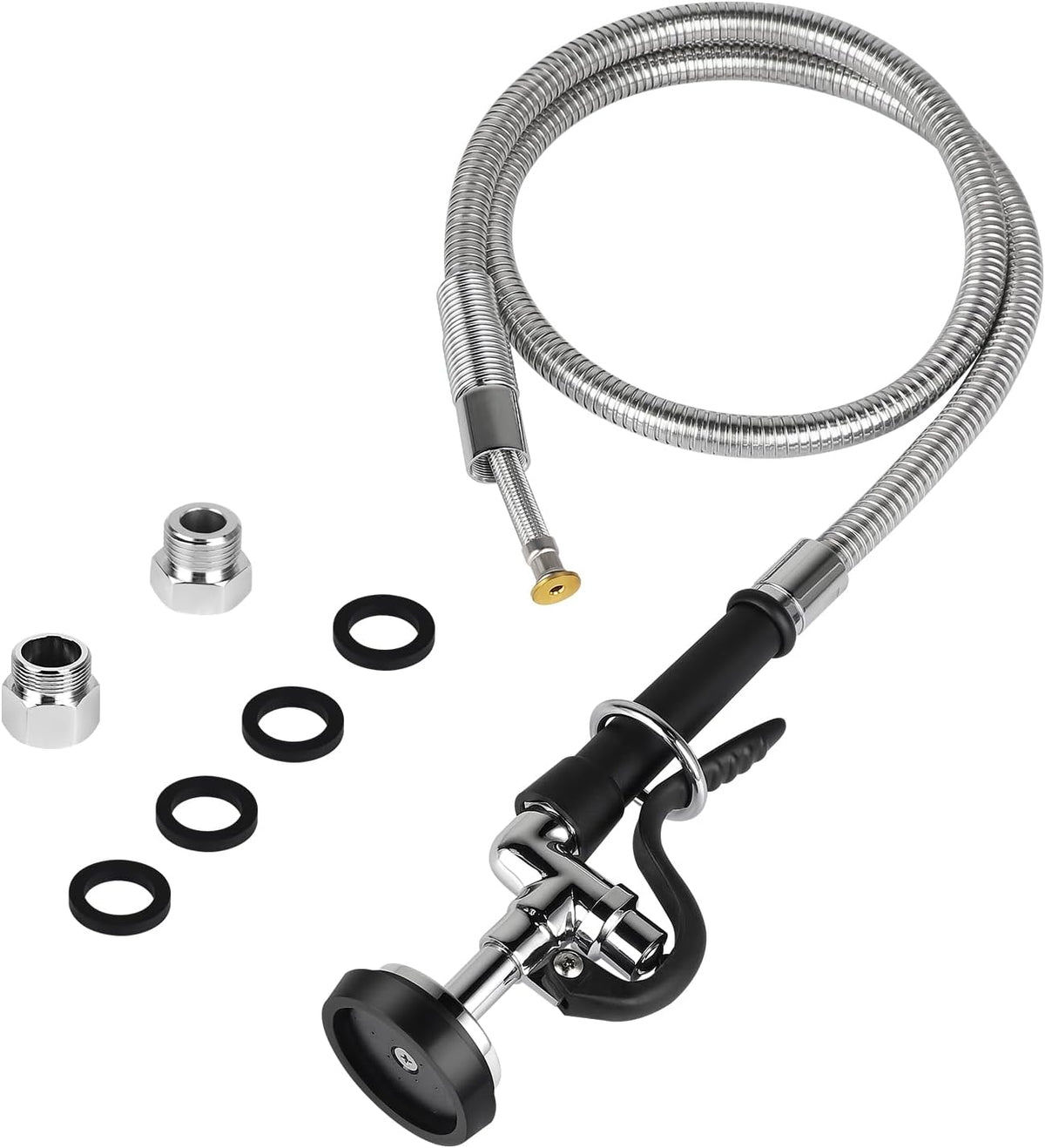 Pre-rinse Hose with Spray Valve, 45” Flexible Stainless Steel Hose with Black Pre Rinse Sprayer Head Assembly for Commercial Industrial Restaurant Kitchen Sink Faucet (3 Adapters Included)