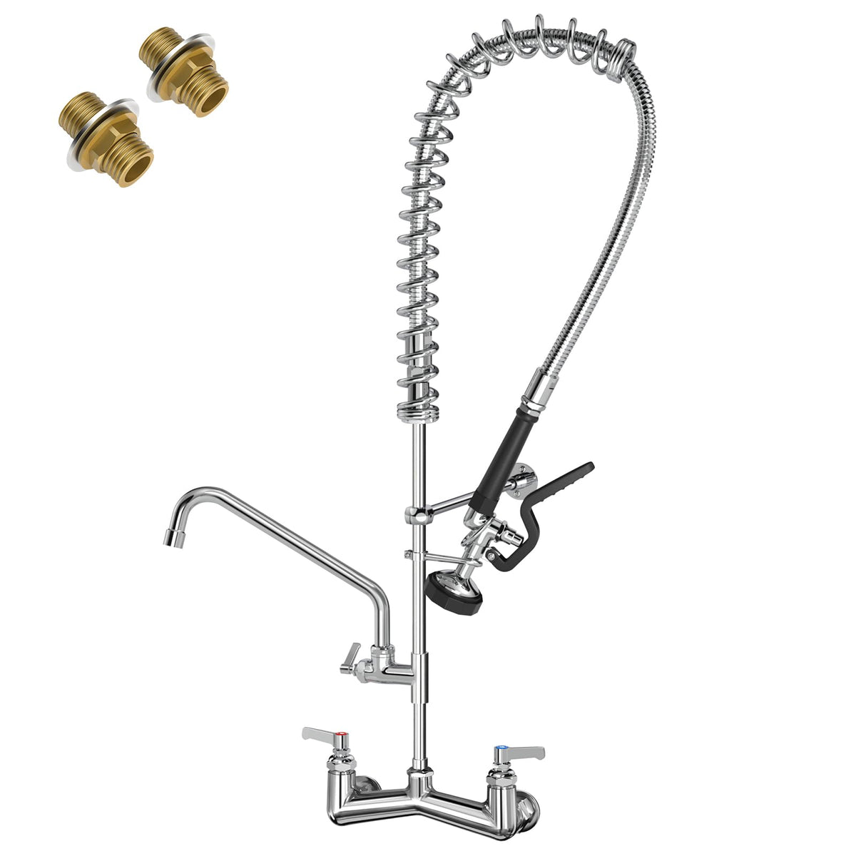 Commercial Wall Mount Kitchen Sink Faucet Brass Constructed Polished Chrome Pre-Rinse Device 25" Height 8" Center with Spring Pull Down Sprayer and 12" Add-on Spout (25 inches)