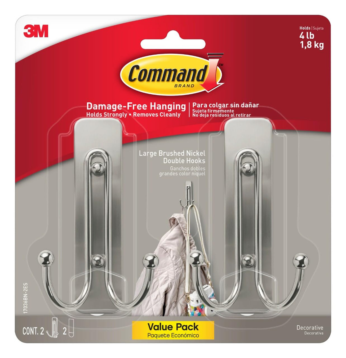 Command Large Matte Black Double Hooks, 2 Hooks and 2 Strips, Damage Free Hanging Wall Hooks with Adhesive Strips, No Tools Coat Hooks for Hanging Home Decor, Holds up to 4 lb