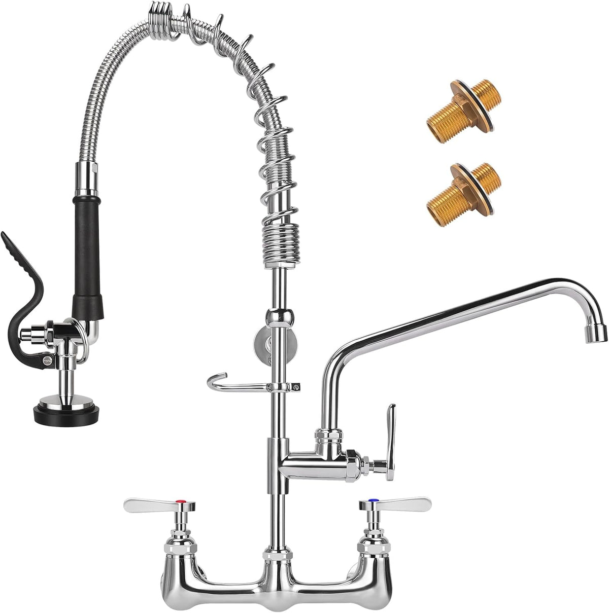 Commercial Kitchen Faucet Wall Mount with Pre Rinse Sprayer, 25" Height 8" Adjustable Center Wall Mount Restaurant Sink Faucet with 12" Swivel Add-on Spout and Pull Down Sprayer