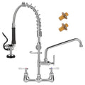 Commercial Kitchen Faucet Wall Mount with Pre Rinse Sprayer, 25" Height 8" Adjustable Center Wall Mount Restaurant Sink Faucet with 12" Swivel Add-on Spout and Pull Down Sprayer