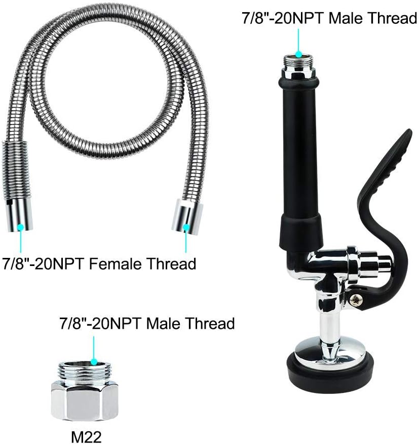 Pre-Rinse Hose with Spray Valve 44 Inch Flexible Stainless Hose with Sprayer Nozzle Head Replacement Kit for Commercial Kitchen Sink Faucet(Free Brass Adapter to Connect Add-on Swivel Spout)