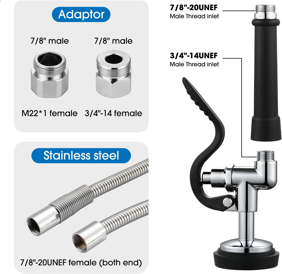 HWM Commercial Sink Sprayer with 45” Flexible Stainless Steel Pre Rinse Hose & Overhead Spring Replacement Kit for Commercial Kitchen Sink Faucets