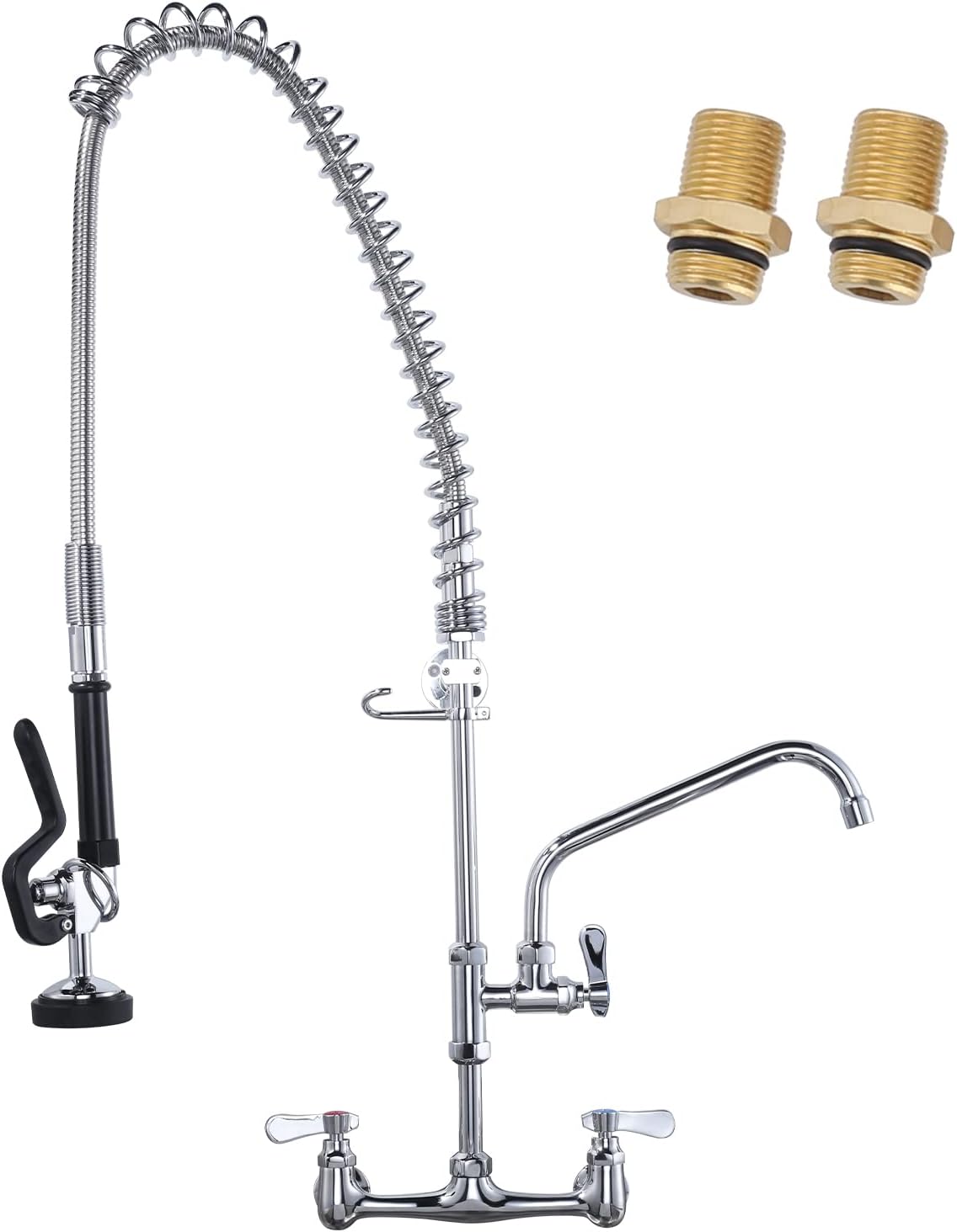 Commercial Kitchen Faucet Wall Mount with Pre-Rinse Sprayer 36" Height Wall Mount Kitchen Sink Faucet 8 Inch Center with 10" Add-on Swing Spout Faucet & Coiled Spring Pull Down Spray