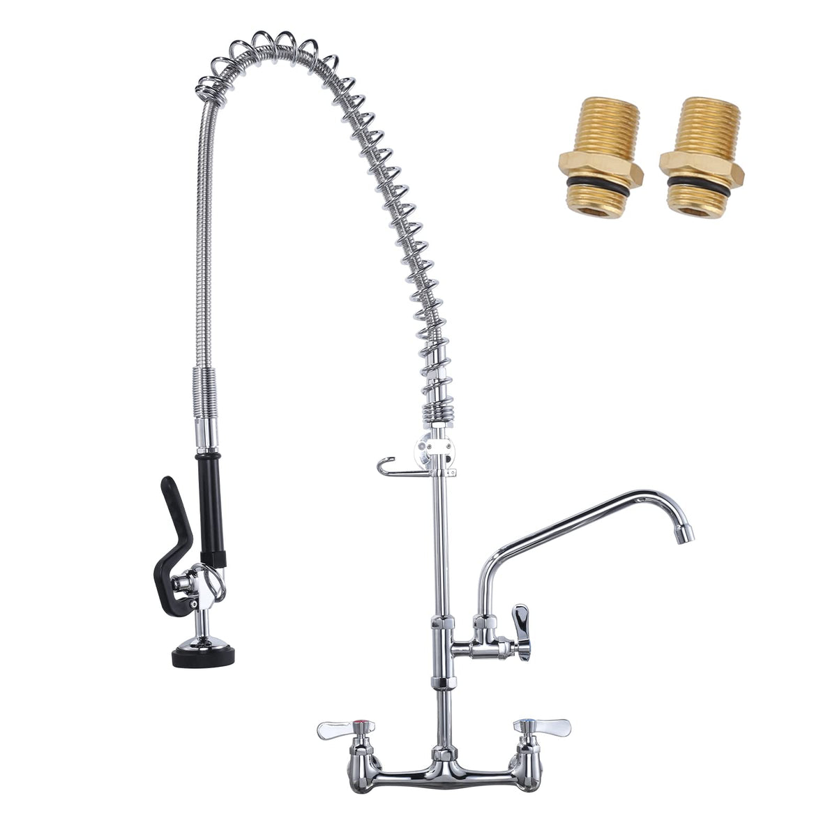 Commercial Kitchen Faucet Wall Mount with Pre-Rinse Sprayer 36" Height Wall Mount Kitchen Sink Faucet 8 Inch Center with 10" Add-on Swing Spout Faucet & Coiled Spring Pull Down Spray