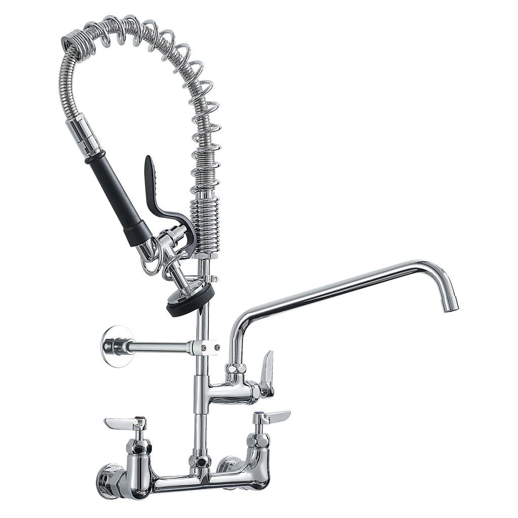 Fapully Commercial Kitchen Faucet,Wall Mount Kitchen Sink Faucet with Pre-Rinse Pull Down Sprayer,25‘’ Height 8'' Center 3 Compartment Sink Faucets with 12.2'' Swing Spout Chrome