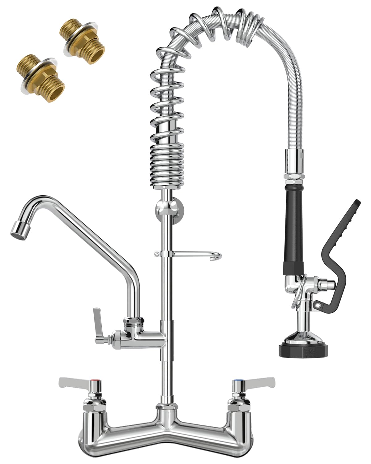 Commercial Wall Mount Kitchen Sink Faucet Brass Constructed Polished Chrome Pre-Rinse Device 25" Height 8" Center with Spring Pull Down Sprayer and 12" Add-on Spout (25 inches)