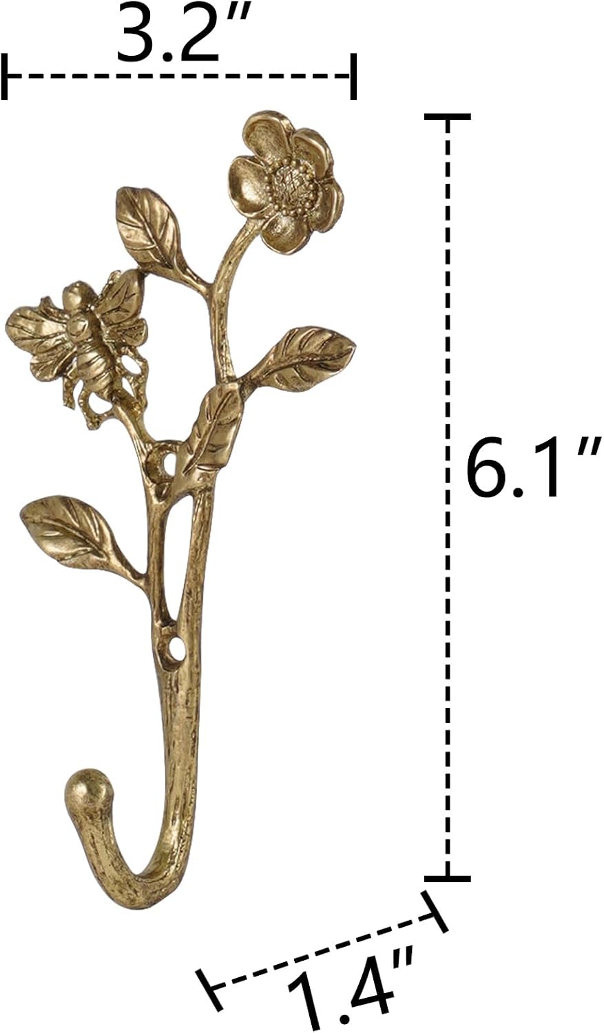SOFFEE DESIGN 2pcs Metal Dark Gold Coat Hooks with 3D Bee & Flowers Shape, for Entryway, Bathroom, Bedroom Farmhouse Decoration