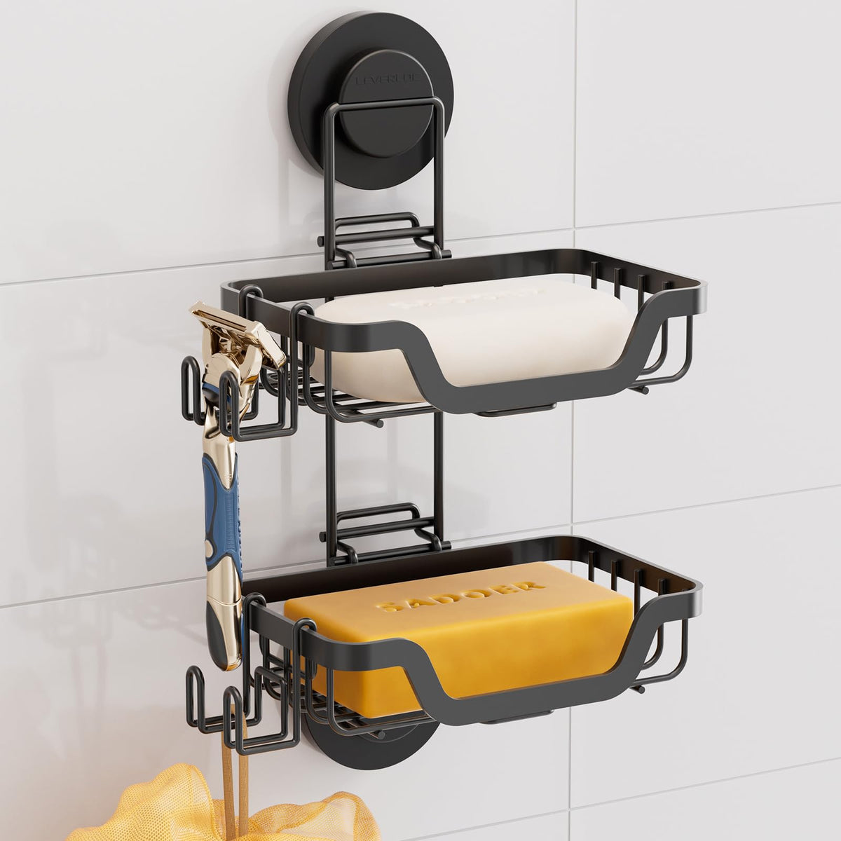 LEVERLOC Soap Dish, Soap Bar Holder for Shower Suction Cup Wall Mounted