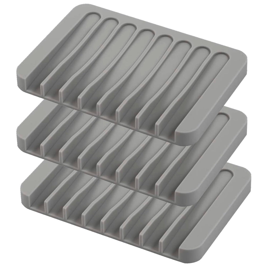 Self Draining Soap Dishes, 3 Pcs Silicone Soap Saver, Waterfall Drainer Soap Holder for Bathroom, Extend Soap Life, Keep Soap Bars Dry Clean & Easy Cleaning (White, Gray, Teal)