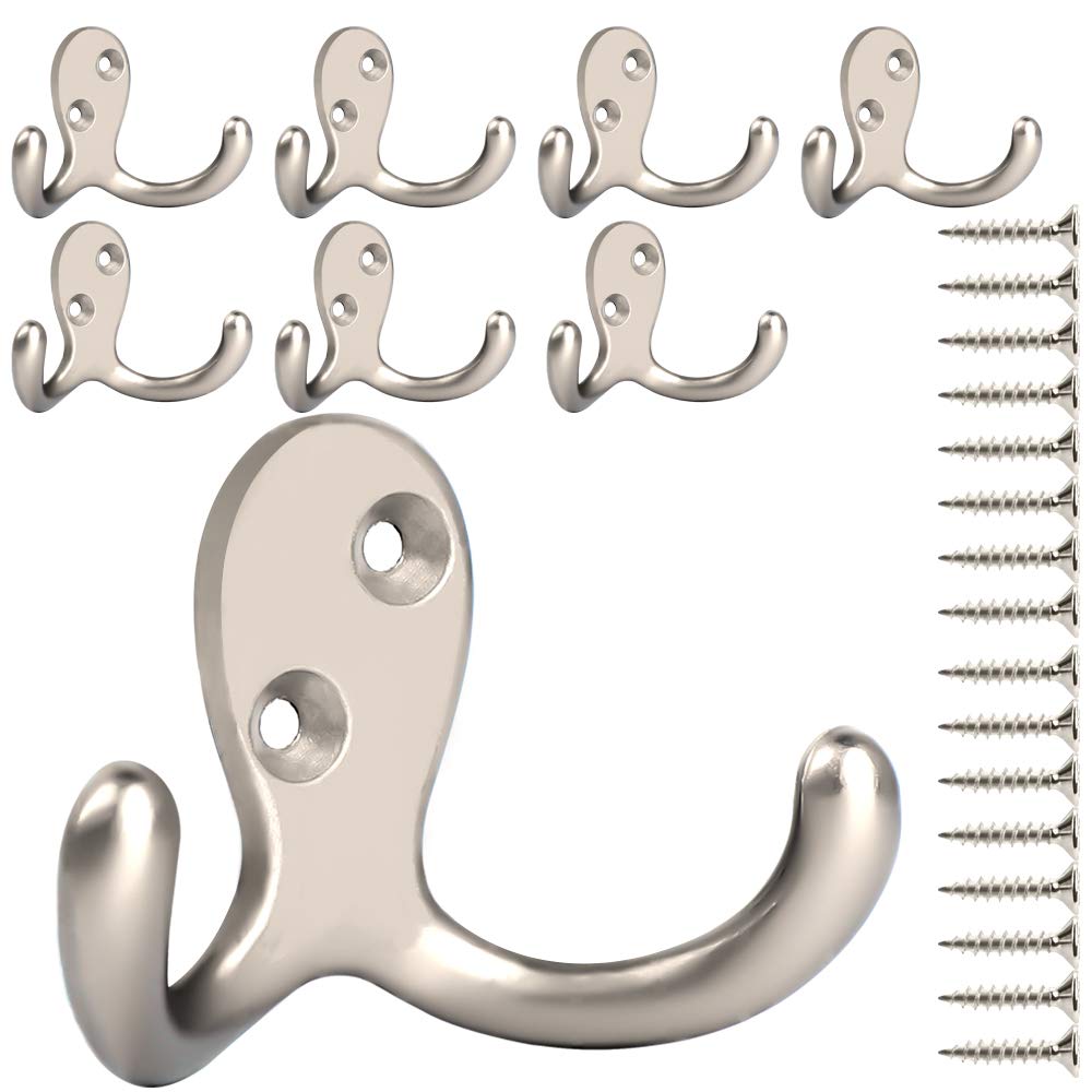IBosins 10 Pack Silvery Double Prong Coat Hooks Wall Mounted with 20 Screws