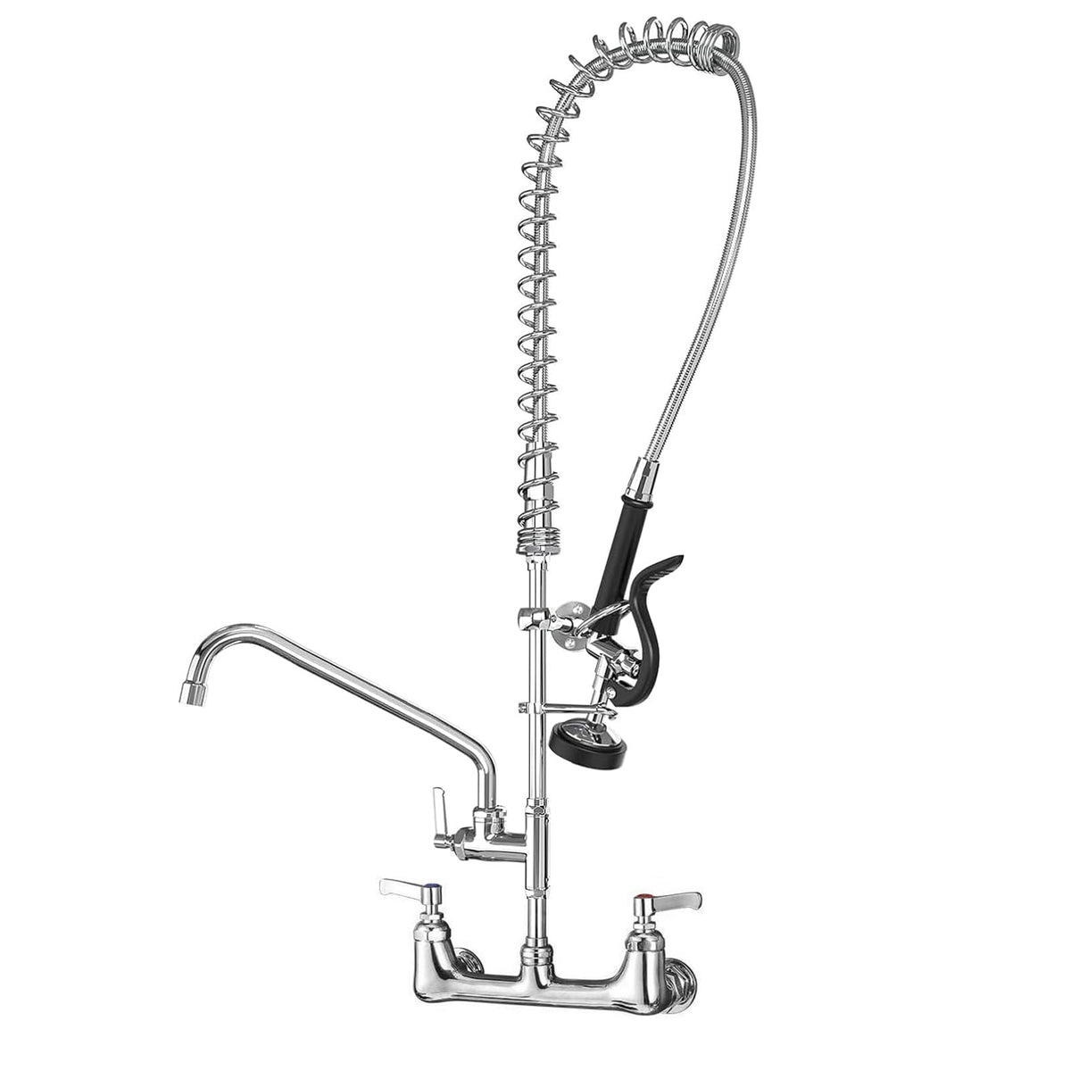 Commercial Wall Mount Kitchen Sink Faucet Brass Constructed Polished Chrome Pre-Rinse Device 25" Height 8" Center with Spring Pull Down Sprayer and 12" Add-on Spout (25 inches)