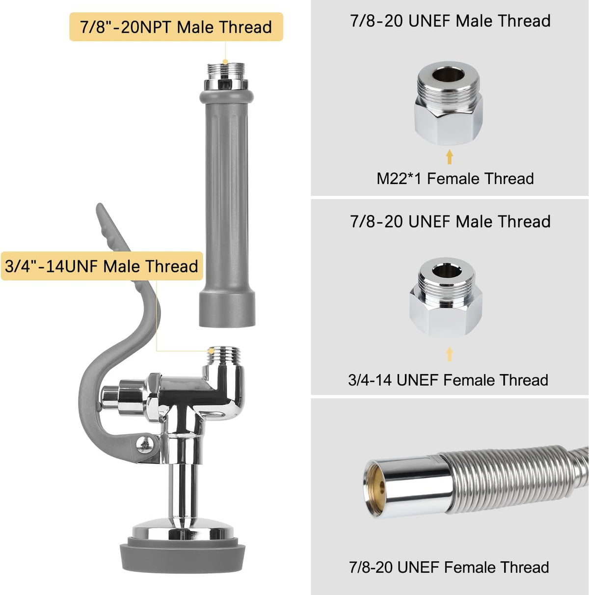 45” Stainless-Steel Pre Rinse Hose with Sprayer Valve & Spring, 1.42 GPM Commercial Sink Sprayer Hose with Nozzle Head Replacement Kit for Commercial Restaurant Kitchen Faucet - Grey