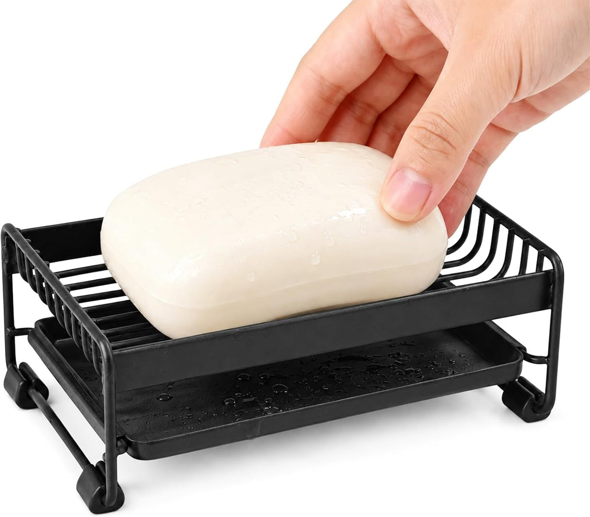 Soap Dish for Shower, Carbon Steel Bar Soap Holder with Water Tray, Soap Organizer for Bathroom, Kitchen Sink and Countertop(Black)