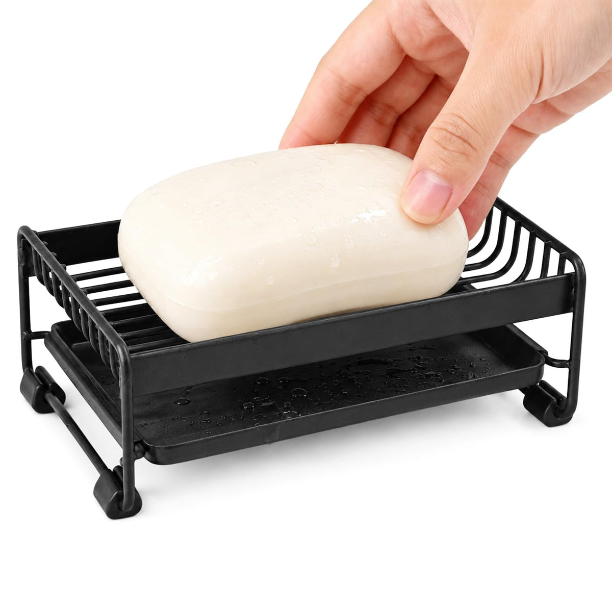 Soap Dish for Shower, Carbon Steel Bar Soap Holder with Water Tray, Soap Organizer for Bathroom, Kitchen Sink and Countertop(Black)