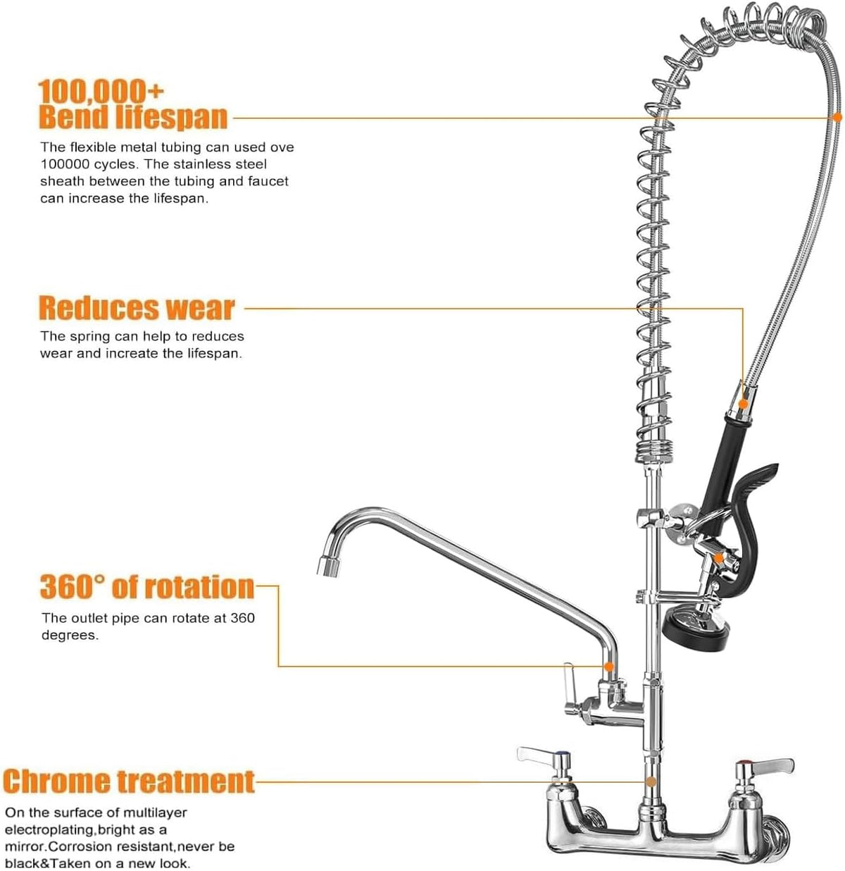 Commercial Sink Faucet with Sprayer for Kitchen: MSTJRY 42" Height 8" Center 14" Swing Spout Pre Rinse Assembly Wall Mount Commercial Faucet with Sprayer Fit for 3 Compartment Sink - Polished Chrome