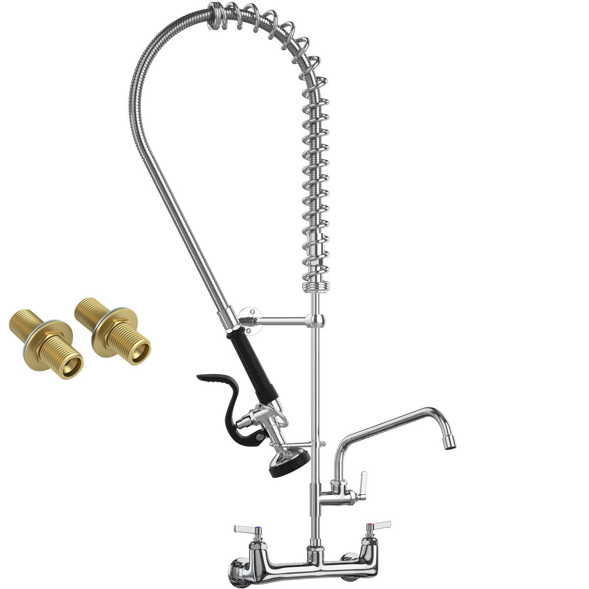 Commercial Faucet with Sprayer 8 Inch Center 25" Height Wall Mount Kitchen Sink Faucets Add On 12" Swing Spout & Pull Down Pre Rinse Sprayer for 1, 2 or 3 Compartment Sink (Polished Chrome)
