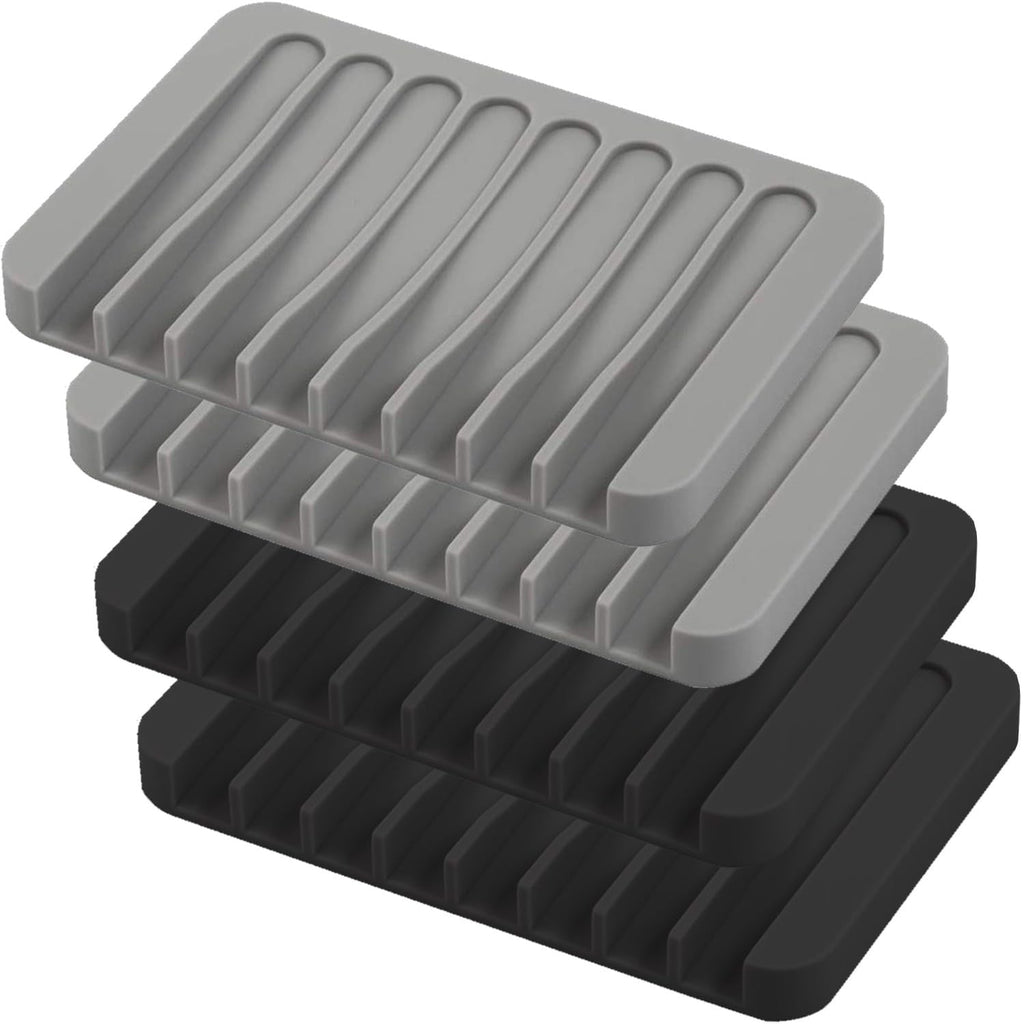 Self Draining Soap Dishes, 3 Pcs Silicone Soap Saver, Waterfall Drainer Soap Holder for Bathroom, Extend Soap Life, Keep Soap Bars Dry Clean & Easy Cleaning (White, Gray, Teal)