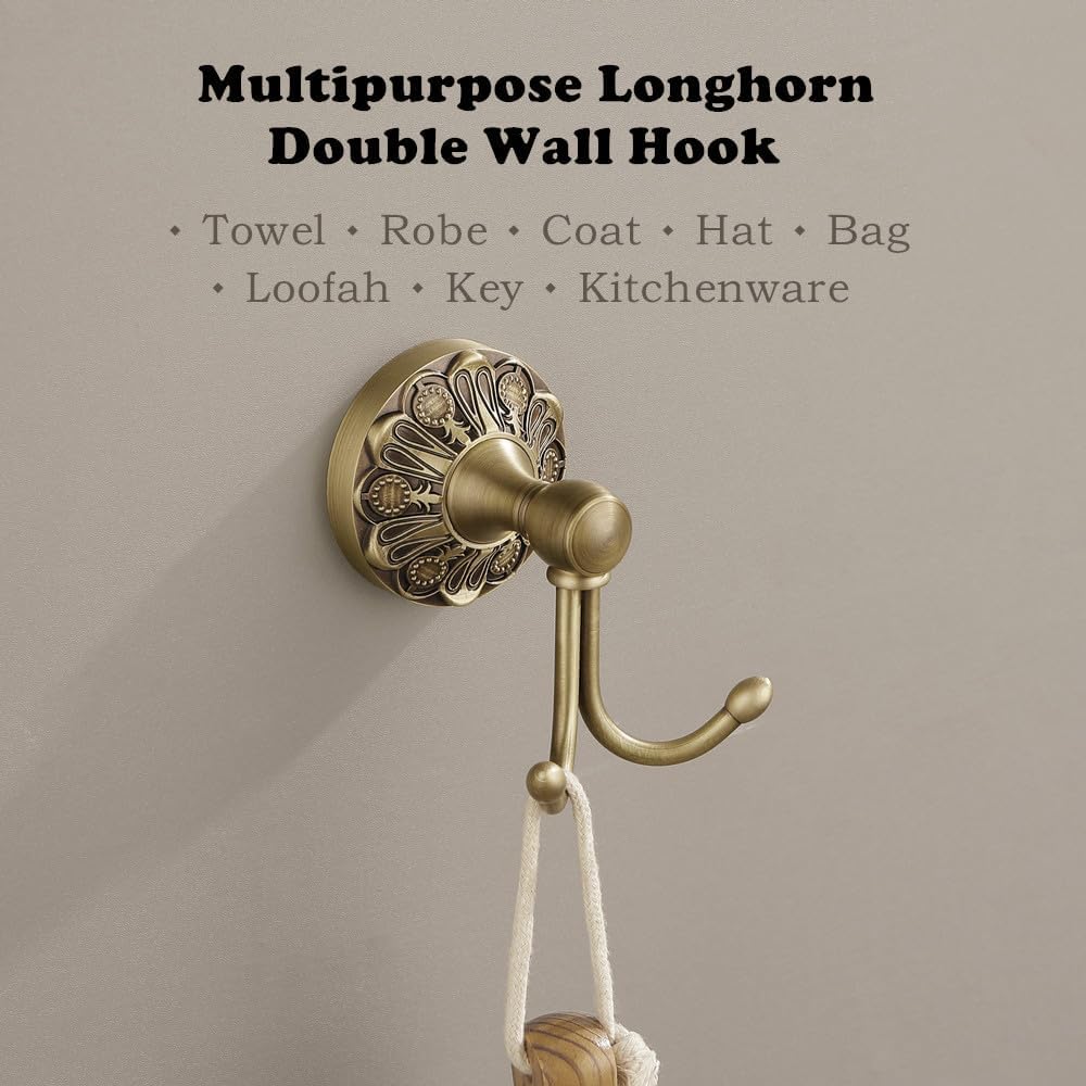 Antique Brass Towel Hook, Wall Mounted Bathroom Hook for Clothing & Robe Hanger, Screws Install Shower Wall Hook, Vintage Gold Brass Petal-Relief Series Longhorn Double Hook