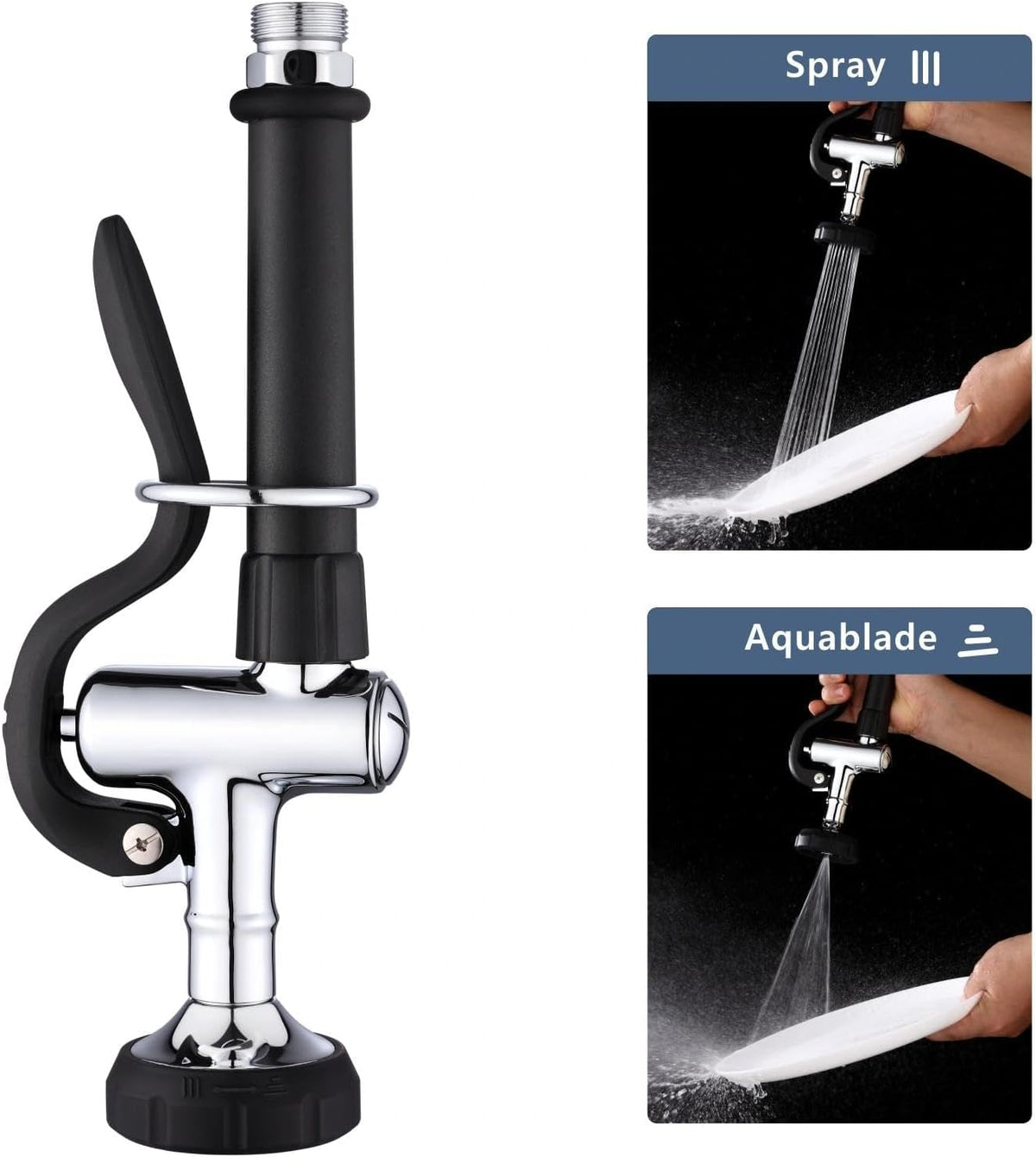 Achelous Pre Rinse Commercial Sink Faucet Sprayer, Adjustable Dual Spray Settings Valve Head with Jet and Mist Pattern for Restaurant Hotel Commercial Kitchen Faucet, Chrome Finished (Black)